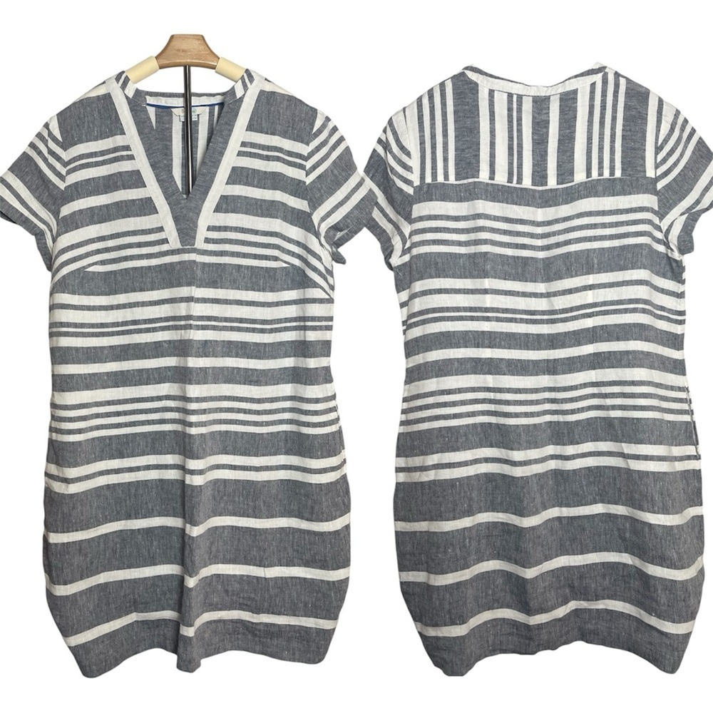 Boden | Linen Striped Split Neck Shift Dress Pock… - image 1